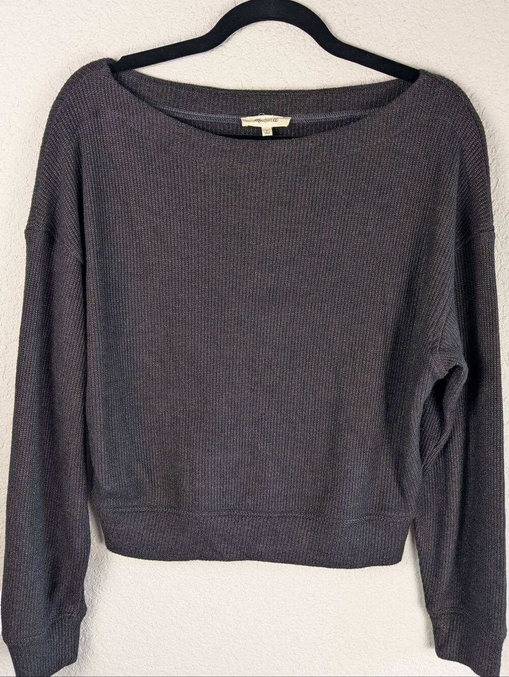 Madewell Cropped Boat Neck Sweater M Gray Brown Long Sleeve Very Soft Cozy Chic
